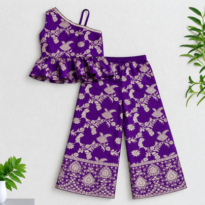 The Magic Wand Woven Jacquard One Shoulder Floral Zari Ruffle Detailed Top And Palazzo Set-Purple