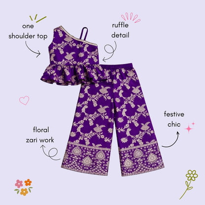 The Magic Wand Woven Jacquard One Shoulder Floral Zari Ruffle Detailed Top And Palazzo Set-Purple