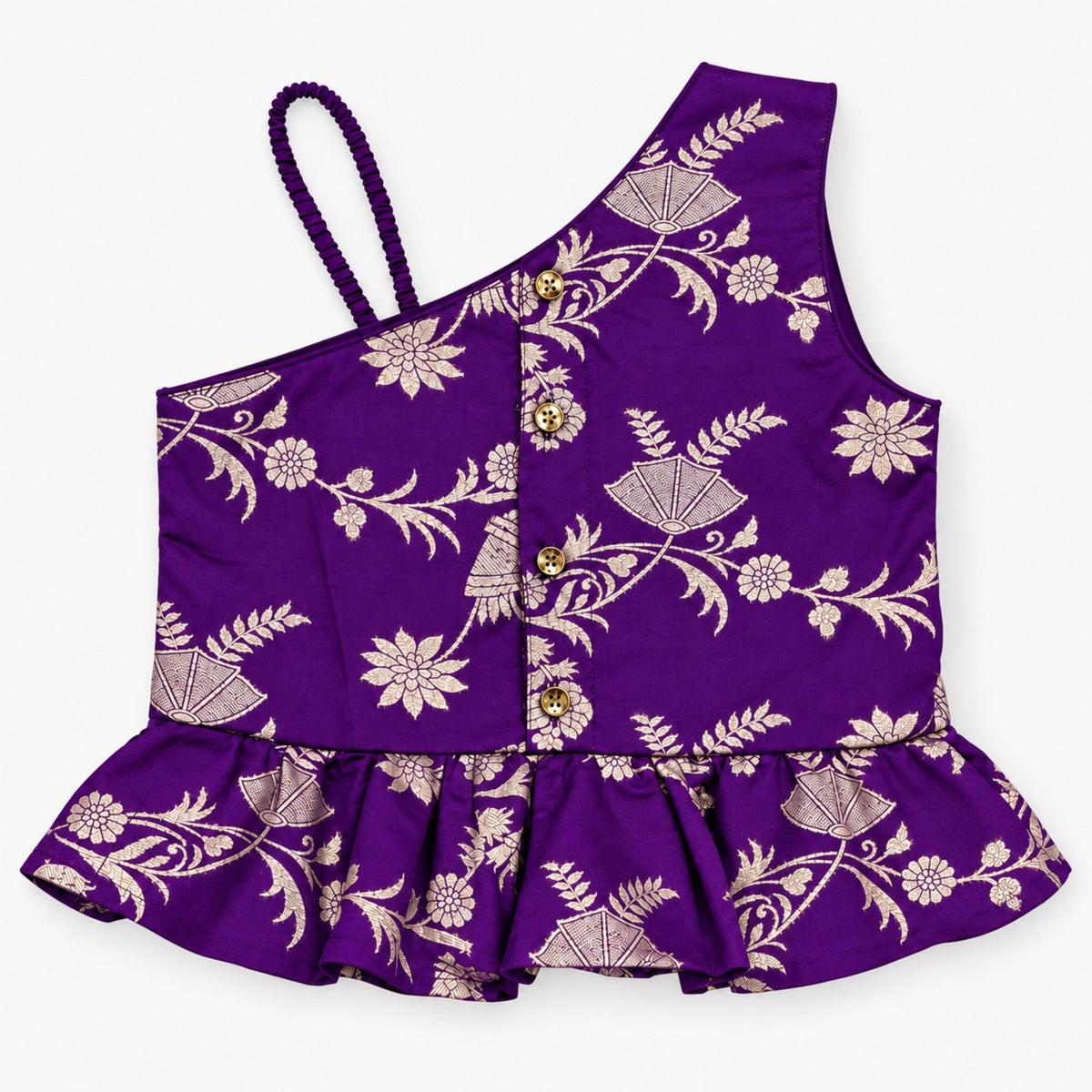 The Magic Wand Woven Jacquard One Shoulder Floral Zari Ruffle Detailed Top And Palazzo Set-Purple