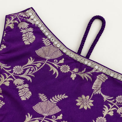 The Magic Wand Woven Jacquard One Shoulder Floral Zari Ruffle Detailed Top And Palazzo Set-Purple