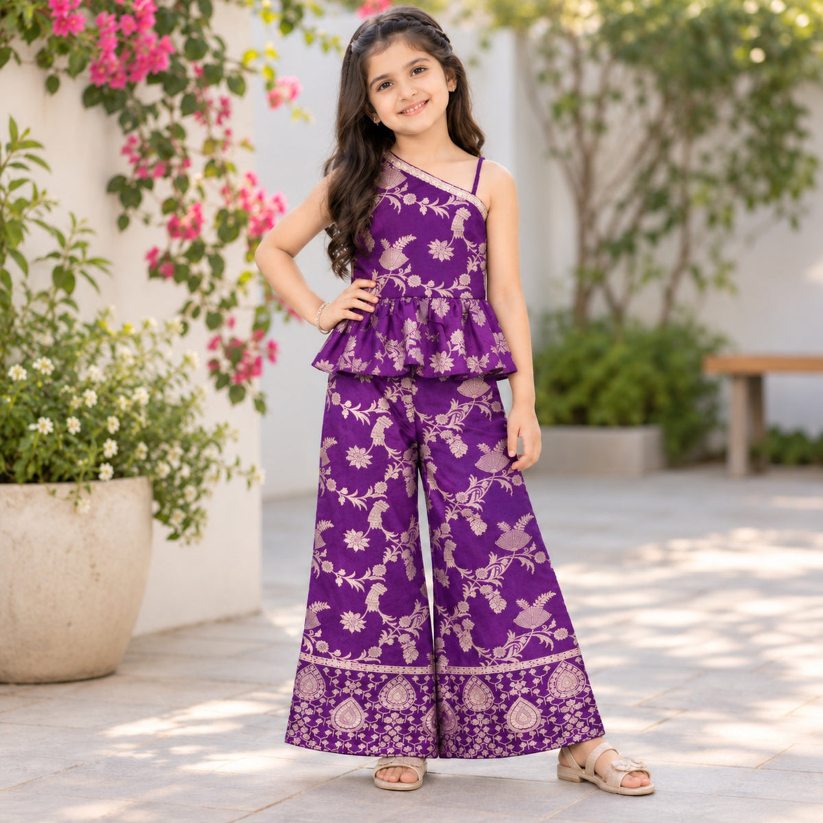 The Magic Wand Woven Jacquard One Shoulder Floral Zari Ruffle Detailed Top And Palazzo Set-Purple