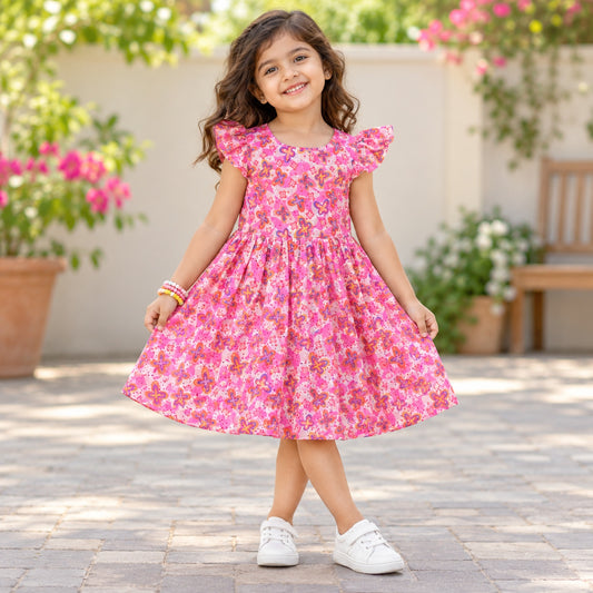 The Magic Wand Woven Ruffle Sleeves Butterfly Schiffli Digital Printed Gathered Dress - Pink