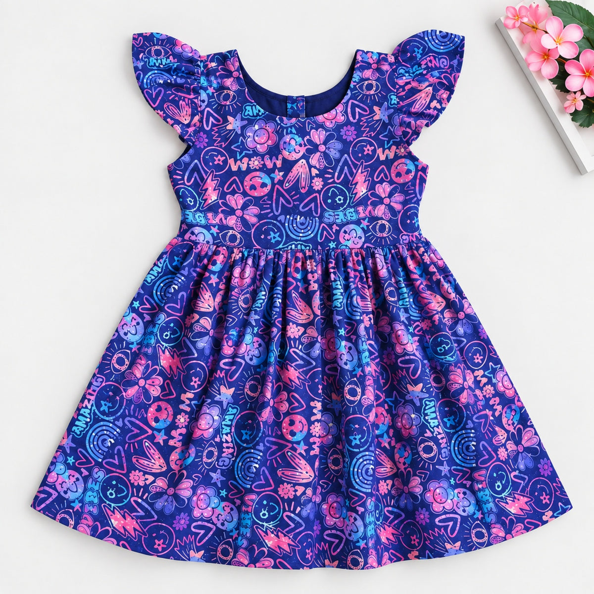 The Magic Wand Woven Ruffle Sleeves Schiffli Digital Printed Gathered Dress - Navy Blue