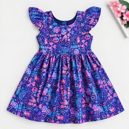 The Magic Wand Woven Ruffle Sleeves Schiffli Digital Printed Gathered Dress - Navy Blue