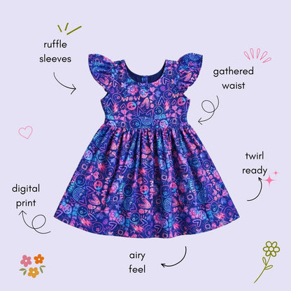 The Magic Wand Woven Ruffle Sleeves Schiffli Digital Printed Gathered Dress - Navy Blue