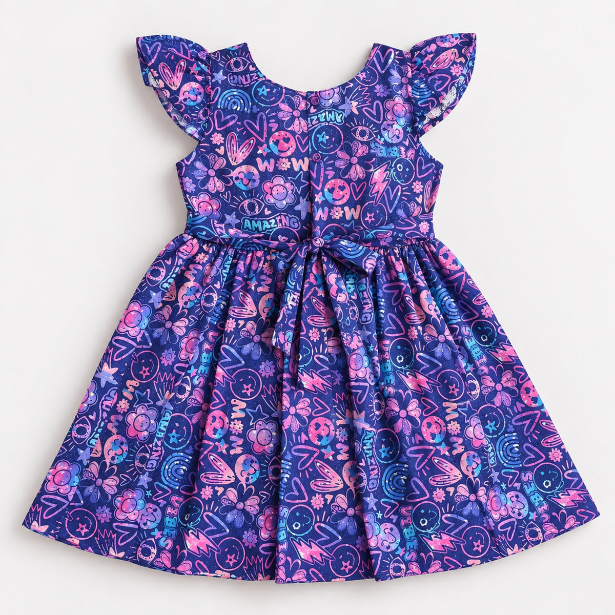 The Magic Wand Woven Ruffle Sleeves Schiffli Digital Printed Gathered Dress - Navy Blue