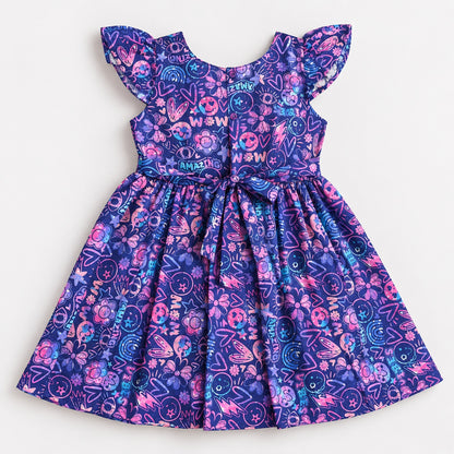 The Magic Wand Woven Ruffle Sleeves Schiffli Digital Printed Gathered Dress - Navy Blue