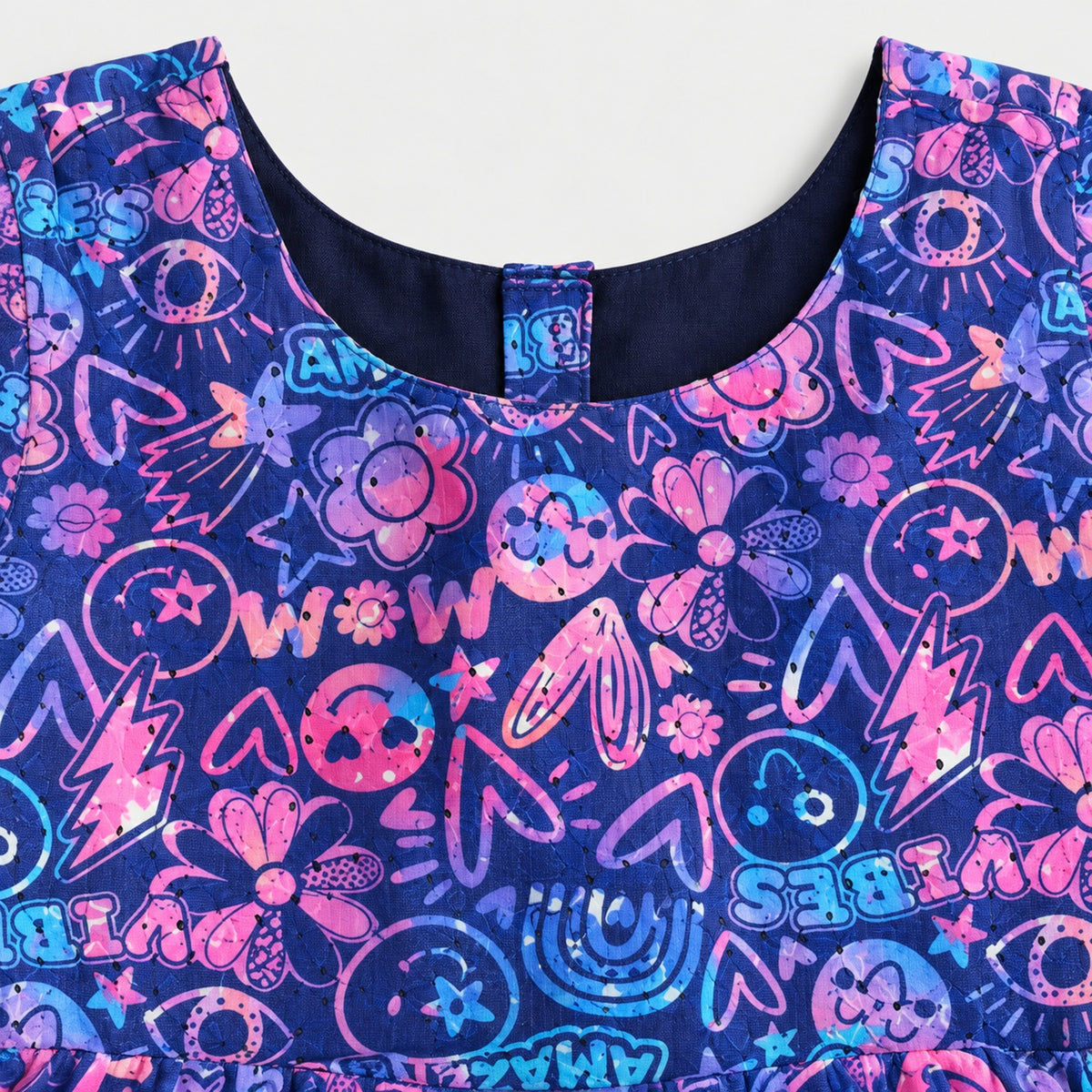 The Magic Wand Woven Ruffle Sleeves Schiffli Digital Printed Gathered Dress - Navy Blue