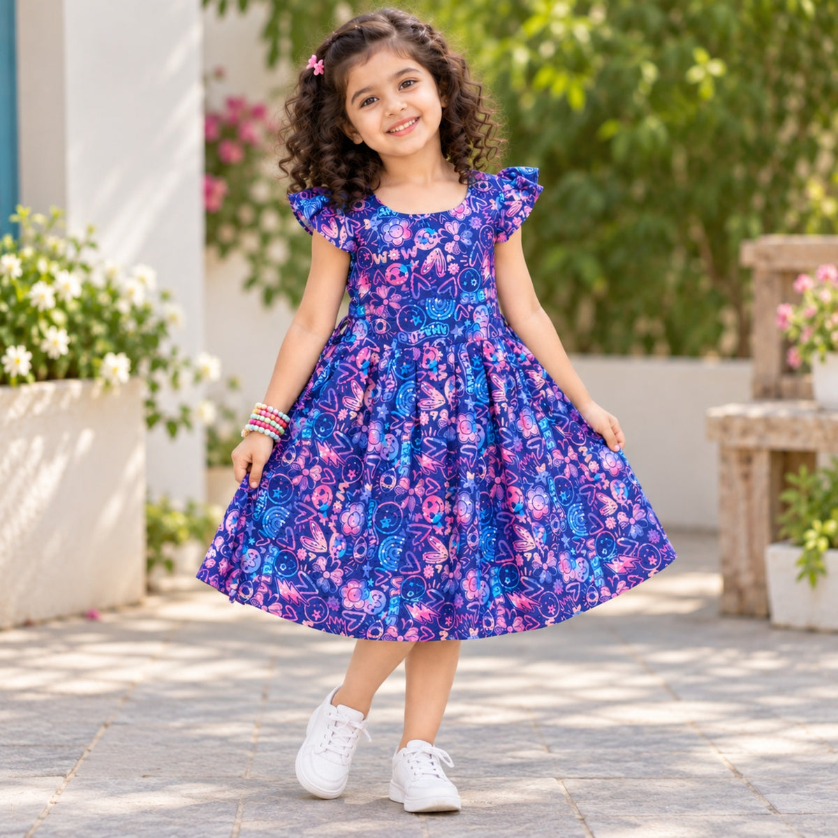 The Magic Wand Woven Ruffle Sleeves Schiffli Digital Printed Gathered Dress - Navy Blue