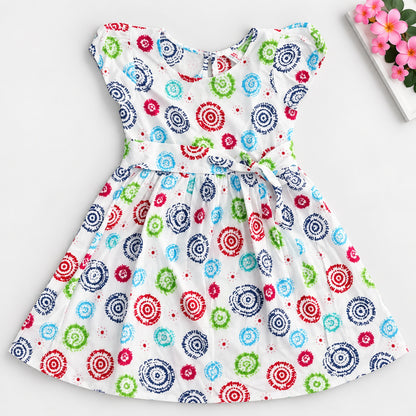 The Magic Wand Woven Puff Sleeves Geometric Printed Gathered Dress - White