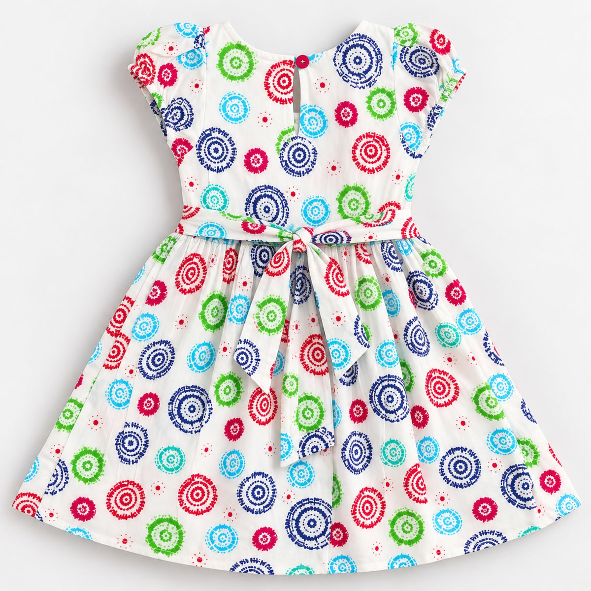The Magic Wand Woven Puff Sleeves Geometric Printed Gathered Dress - White