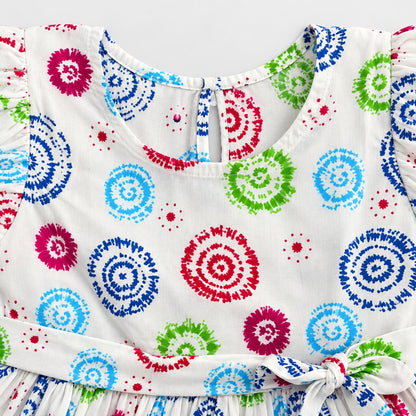The Magic Wand Woven Puff Sleeves Geometric Printed Gathered Dress - White