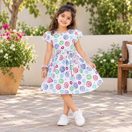 The Magic Wand Woven Puff Sleeves Geometric Printed Gathered Dress - White