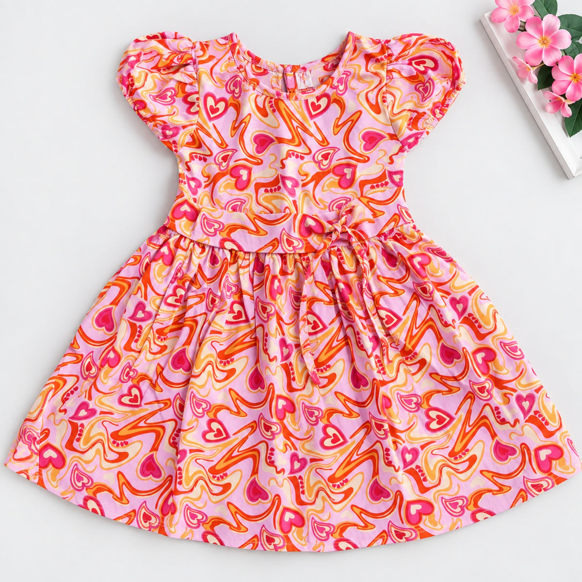 The Magic Wand Woven Puff Sleeves Abstract Heart Printed Flared Dress - Pink