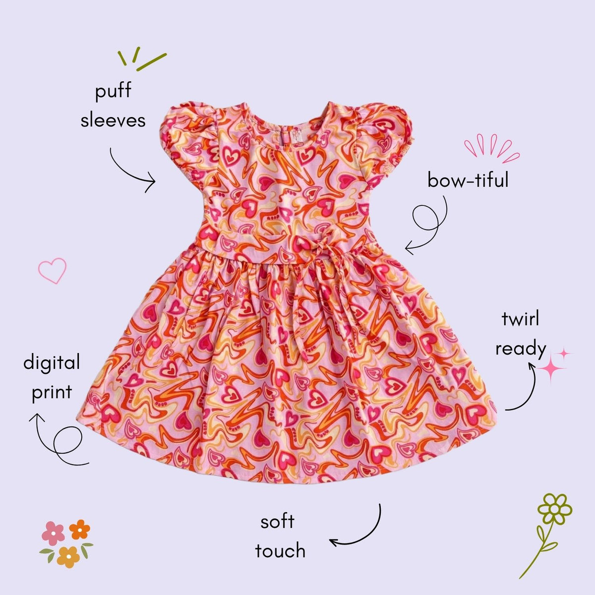 The Magic Wand Woven Puff Sleeves Abstract Heart Printed Flared Dress - Pink