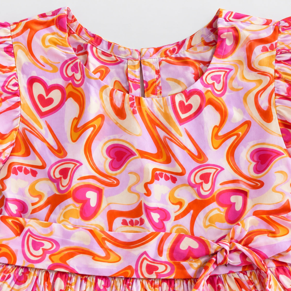 The Magic Wand Woven Puff Sleeves Abstract Heart Printed Flared Dress - Pink