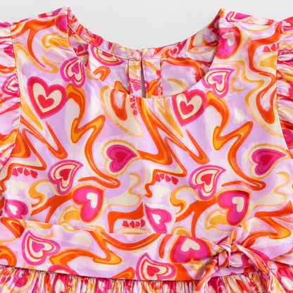The Magic Wand Woven Puff Sleeves Abstract Heart Printed Flared Dress - Pink