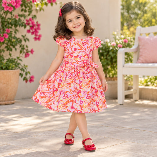 The Magic Wand Woven Puff Sleeves Abstract Heart Printed Flared Dress - Pink