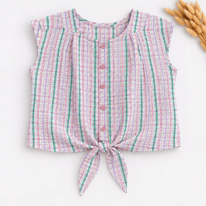 The Magic Wand Woven Sheer Sucker Cap Sleeves Checked Tie-Up Top-Pink
