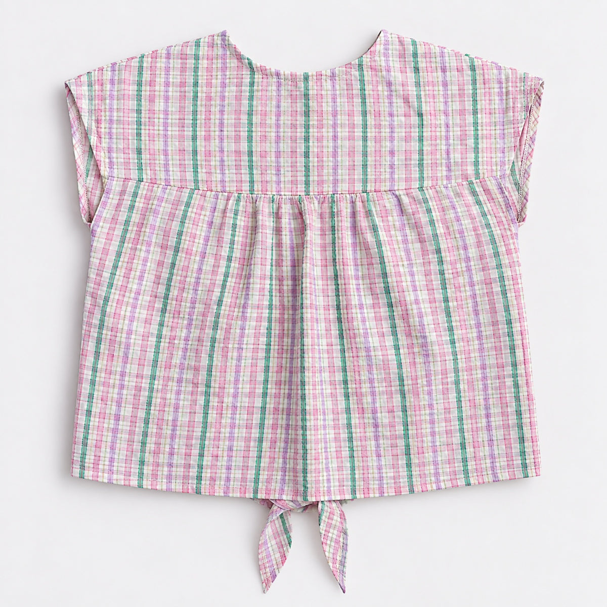 The Magic Wand Woven Sheer Sucker Cap Sleeves Checked Tie-Up Top-Pink