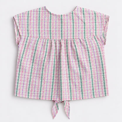 The Magic Wand Woven Sheer Sucker Cap Sleeves Checked Tie-Up Top-Pink