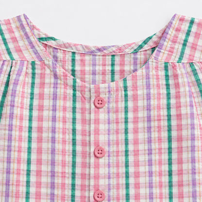 The Magic Wand Woven Sheer Sucker Cap Sleeves Checked Tie-Up Top-Pink