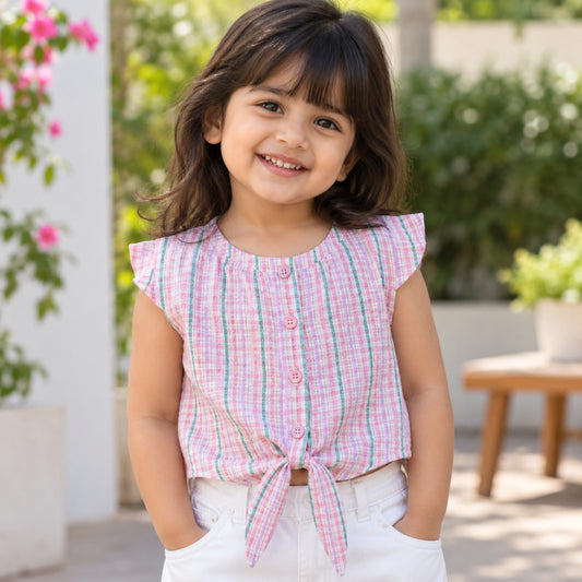 The Magic Wand Woven Sheer Sucker Cap Sleeves Checked Tie-Up Top-Pink