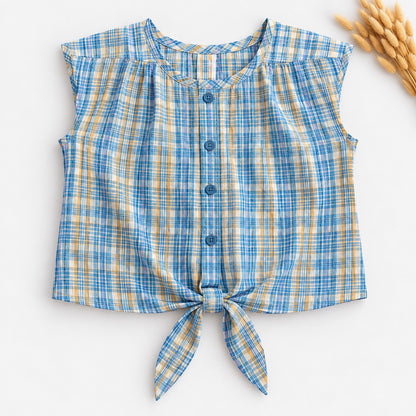 The Magic Wand Woven Sheer Sucker Cap Sleeves Checked Front Tie-Up Top-Blue