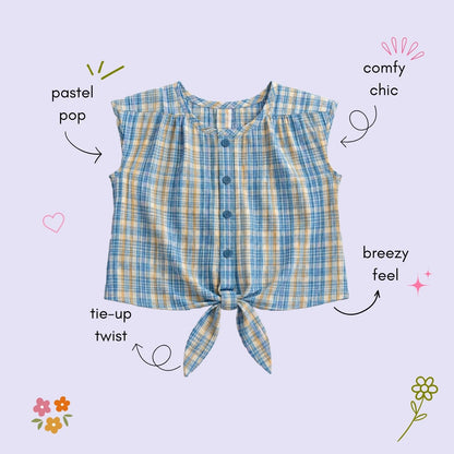 The Magic Wand Woven Sheer Sucker Cap Sleeves Checked Front Tie-Up Top-Blue