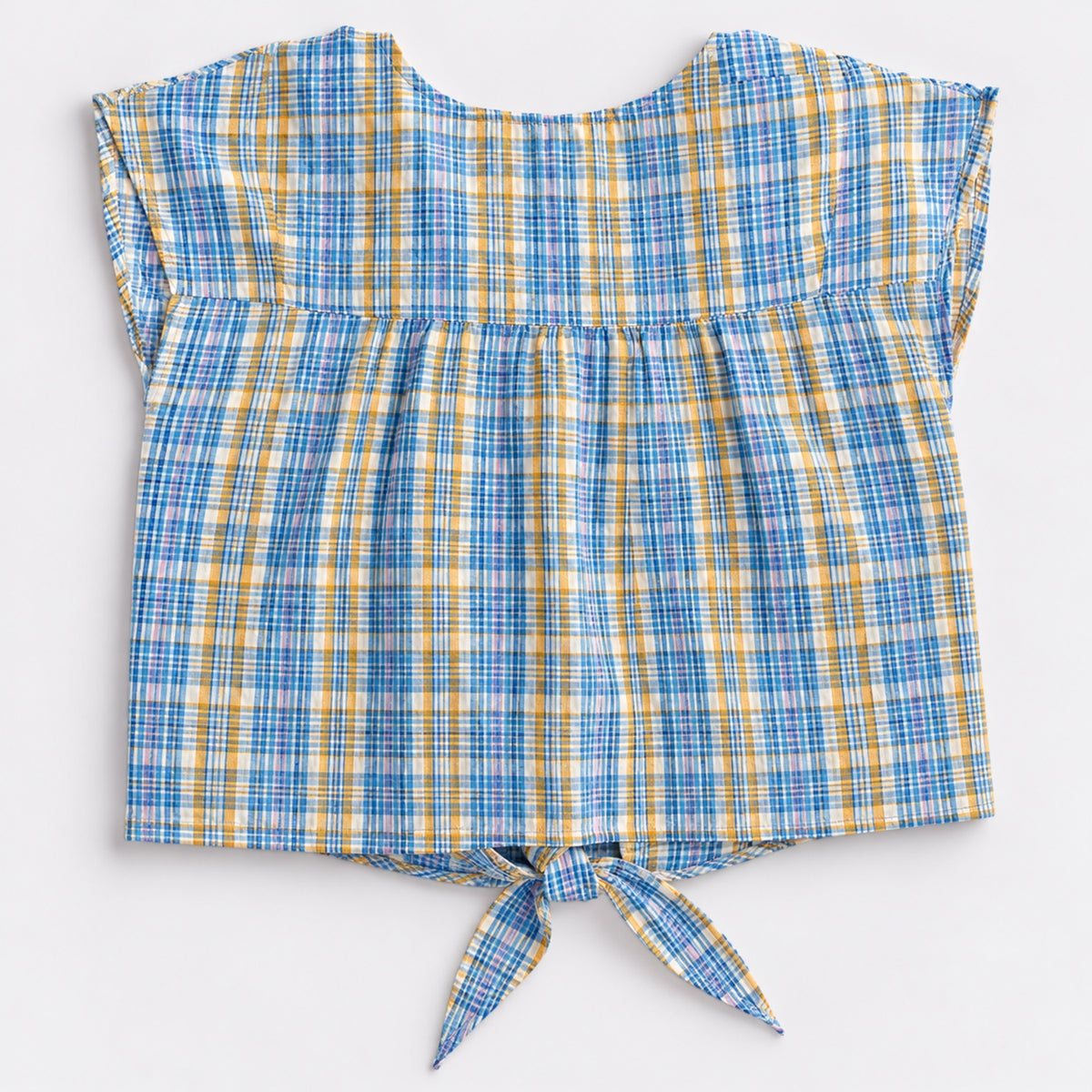 The Magic Wand Woven Sheer Sucker Cap Sleeves Checked Front Tie-Up Top-Blue