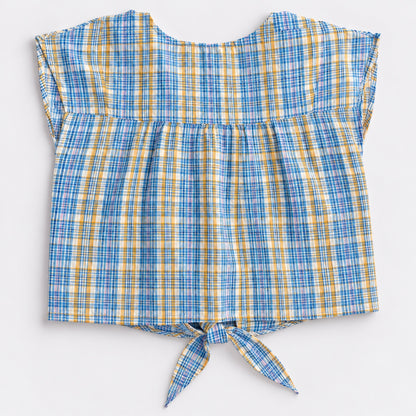 The Magic Wand Woven Sheer Sucker Cap Sleeves Checked Front Tie-Up Top-Blue