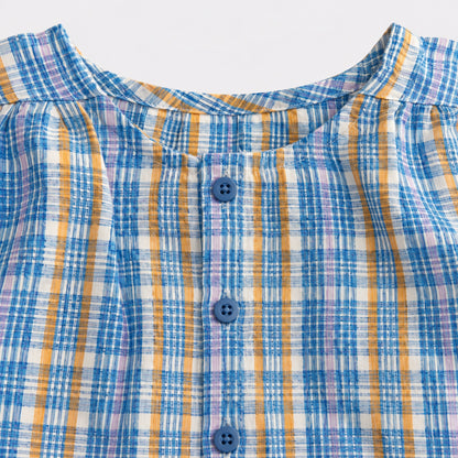 The Magic Wand Woven Sheer Sucker Cap Sleeves Checked Front Tie-Up Top-Blue