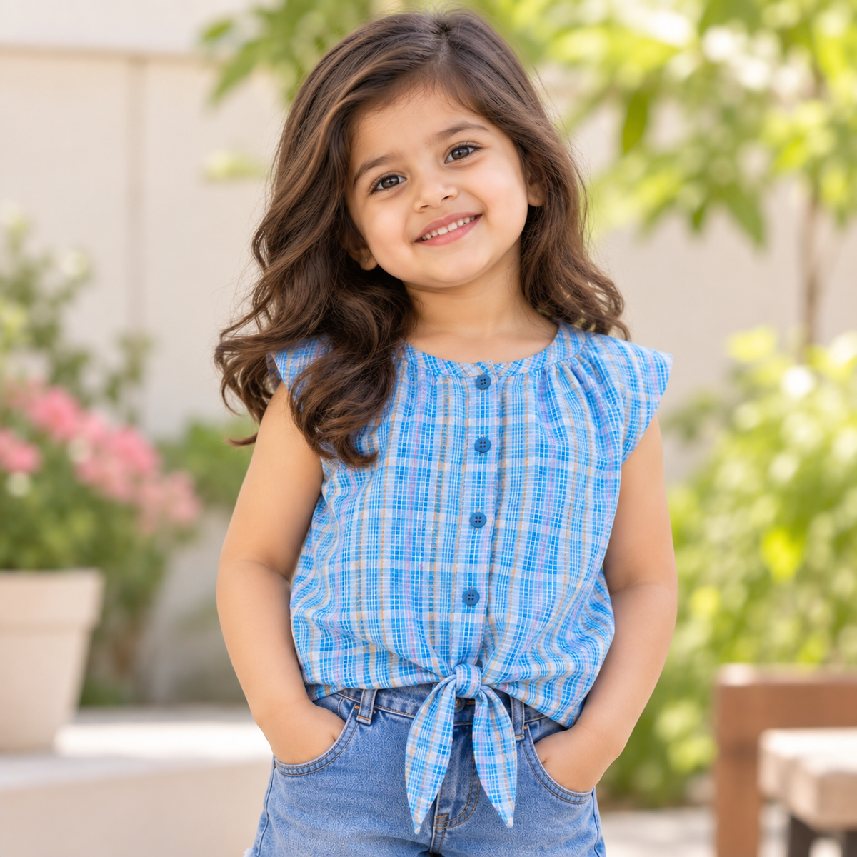 The Magic Wand Woven Sheer Sucker Cap Sleeves Checked Front Tie-Up Top-Blue