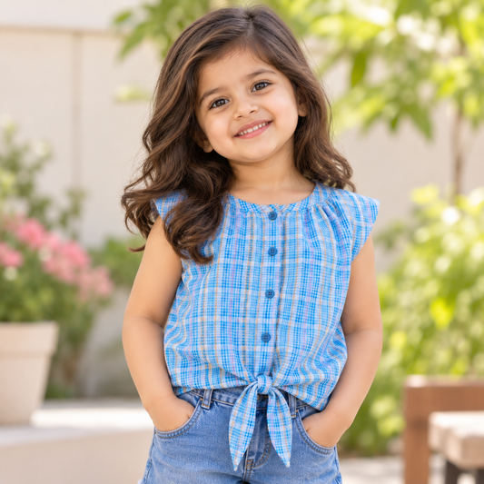 The Magic Wand Woven Sheer Sucker Cap Sleeves Checked Front Tie-Up Top-Blue