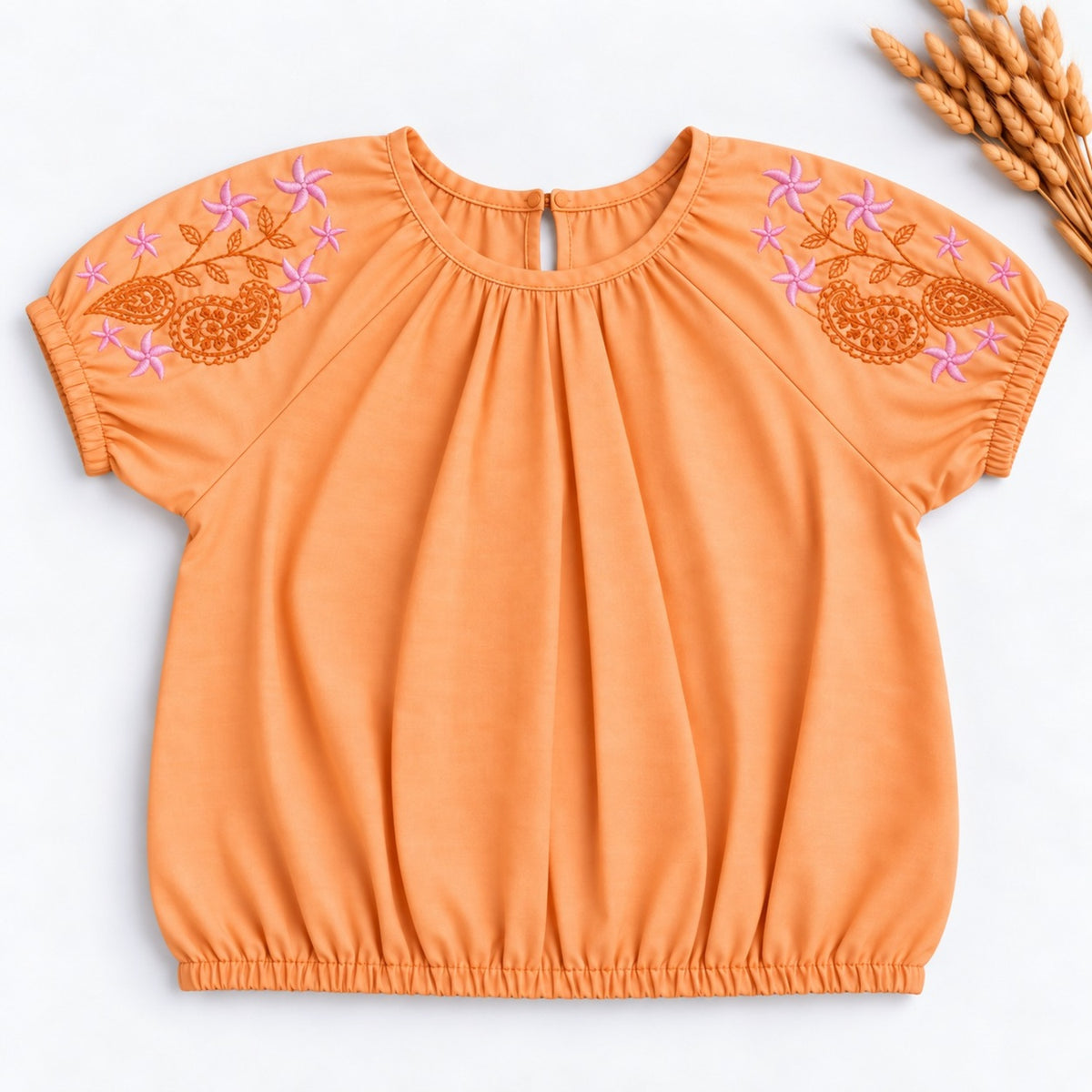 The Magic Wand Woven Floral Embroidered Puff Sleeves Balloon Top-Orange