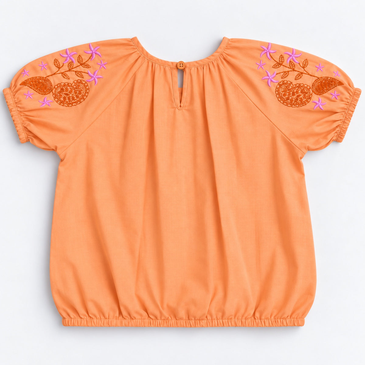 The Magic Wand Woven Floral Embroidered Puff Sleeves Balloon Top-Orange