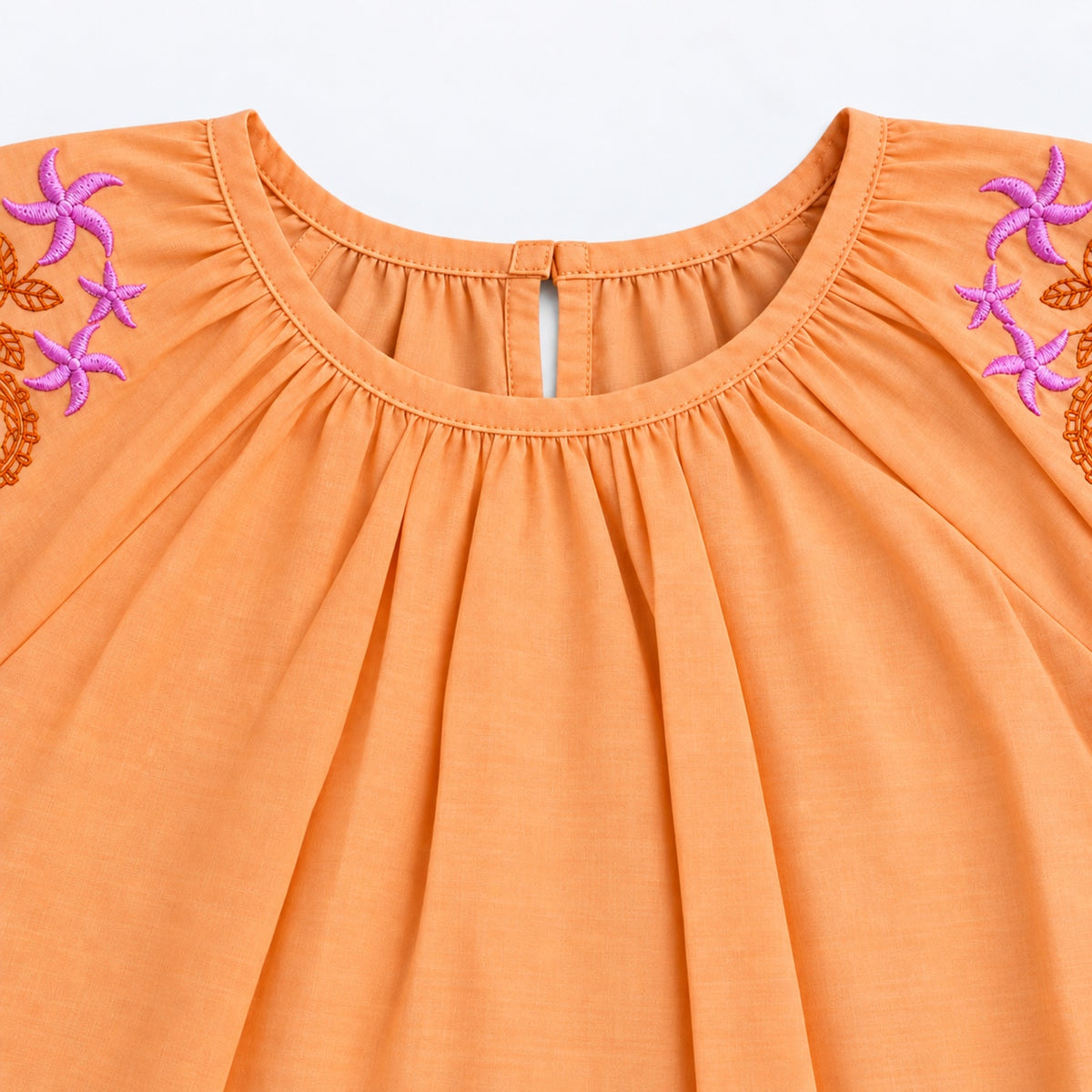 The Magic Wand Woven Floral Embroidered Puff Sleeves Balloon Top-Orange