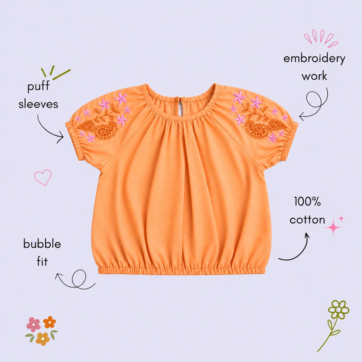 The Magic Wand Woven Floral Embroidered Puff Sleeves Balloon Top-Orange