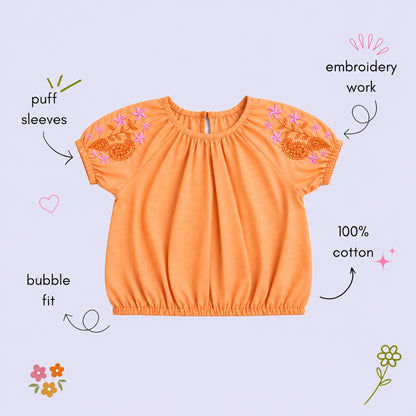 The Magic Wand Woven Floral Embroidered Puff Sleeves Balloon Top-Orange