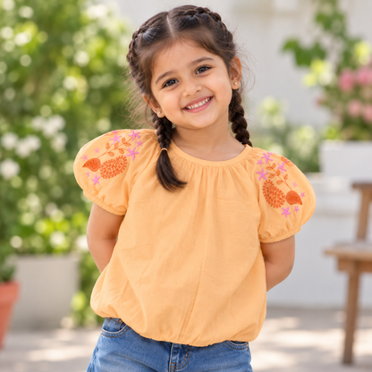 The Magic Wand Woven Floral Embroidered Puff Sleeves Balloon Top-Orange