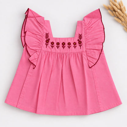 The Magic Wand Woven Ruffle Sleeves Embroidered Top-Pink