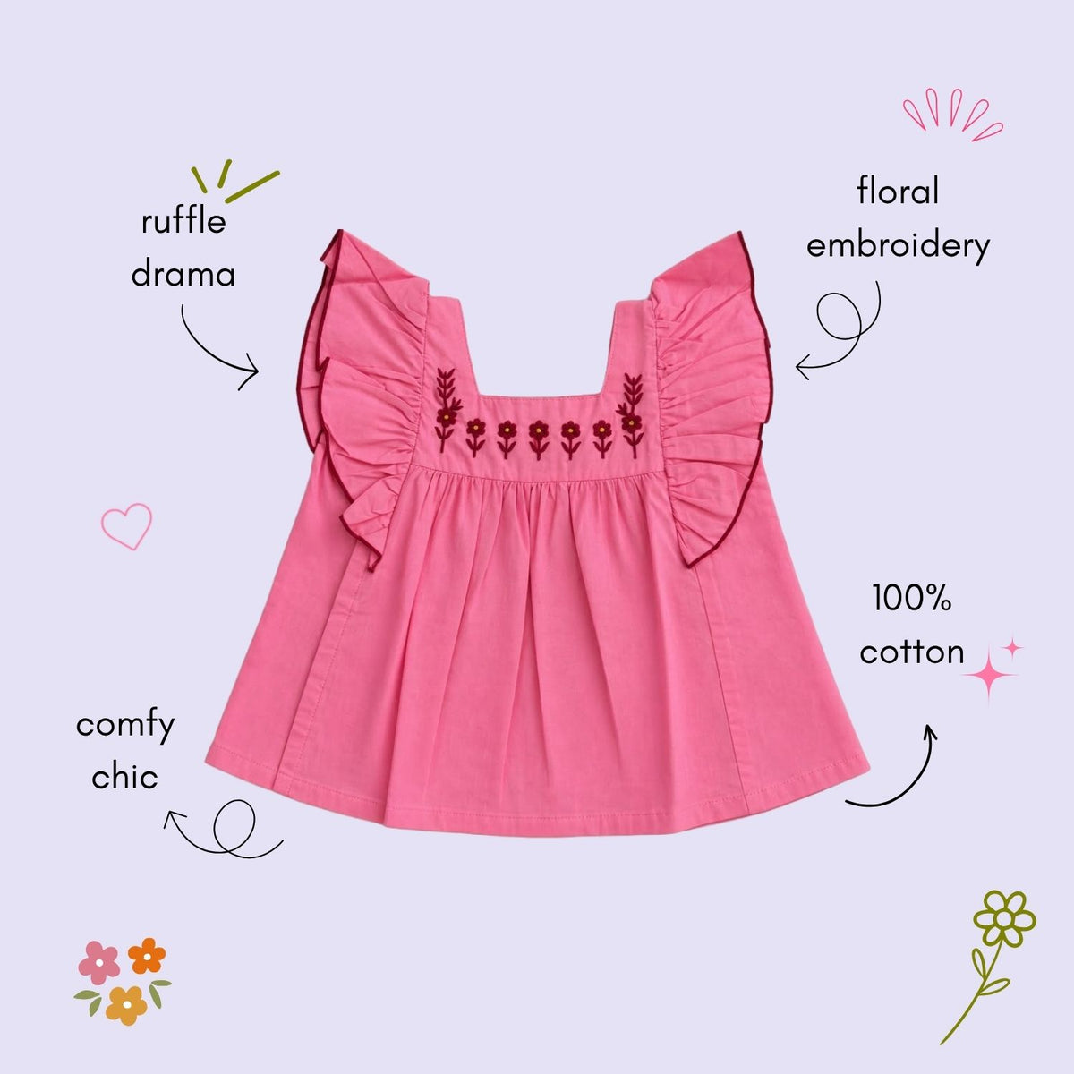 The Magic Wand Woven Ruffle Sleeves Embroidered Top-Pink