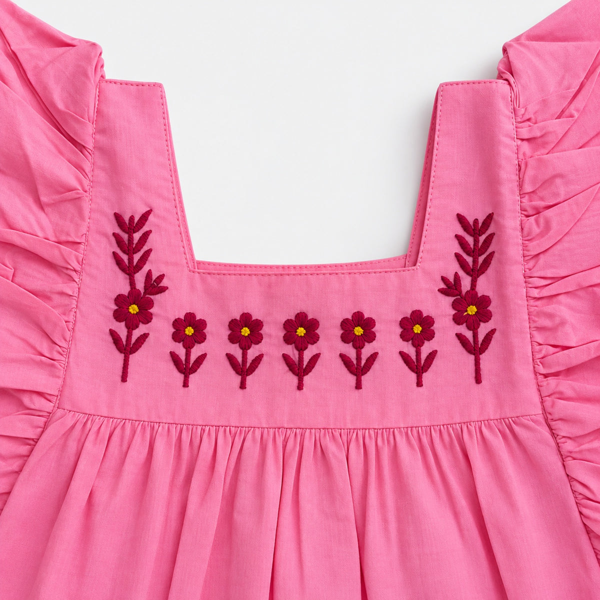 The Magic Wand Woven Ruffle Sleeves Embroidered Top-Pink