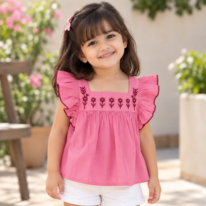 The Magic Wand Woven Ruffle Sleeves Embroidered Top-Pink