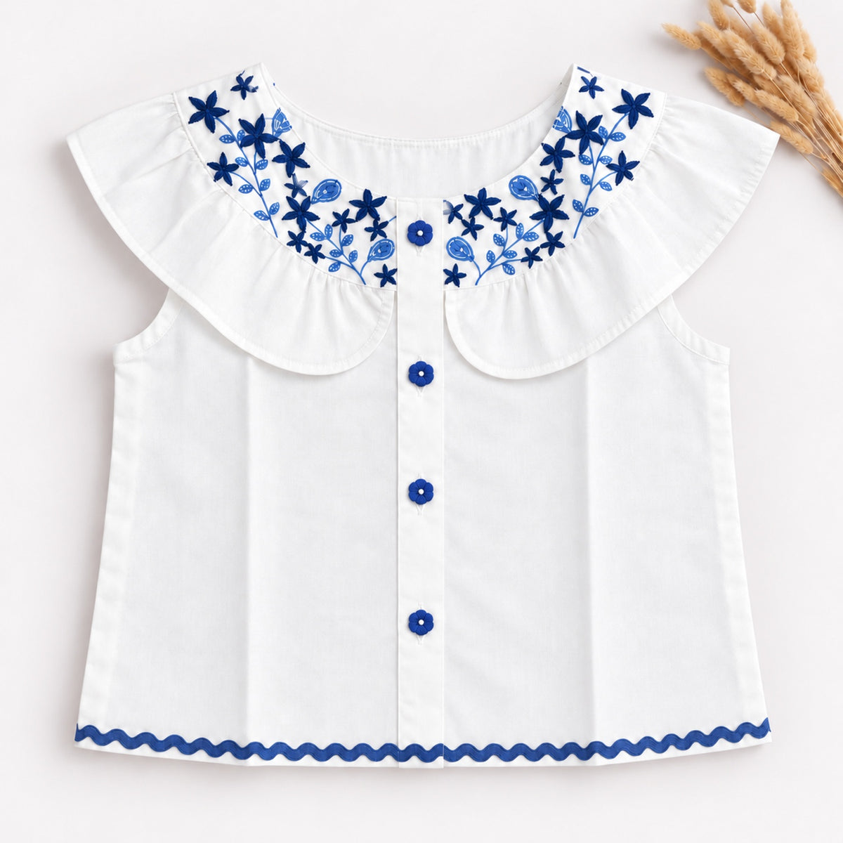 The Magic Wand Woven Floral Embroidered Peter Pan Collar Shirt-White
