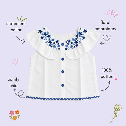 The Magic Wand Woven Floral Embroidered Peter Pan Collar Shirt-White
