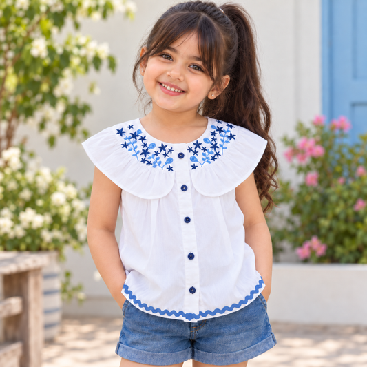 The Magic Wand Woven Floral Embroidered Peter Pan Collar Shirt-White