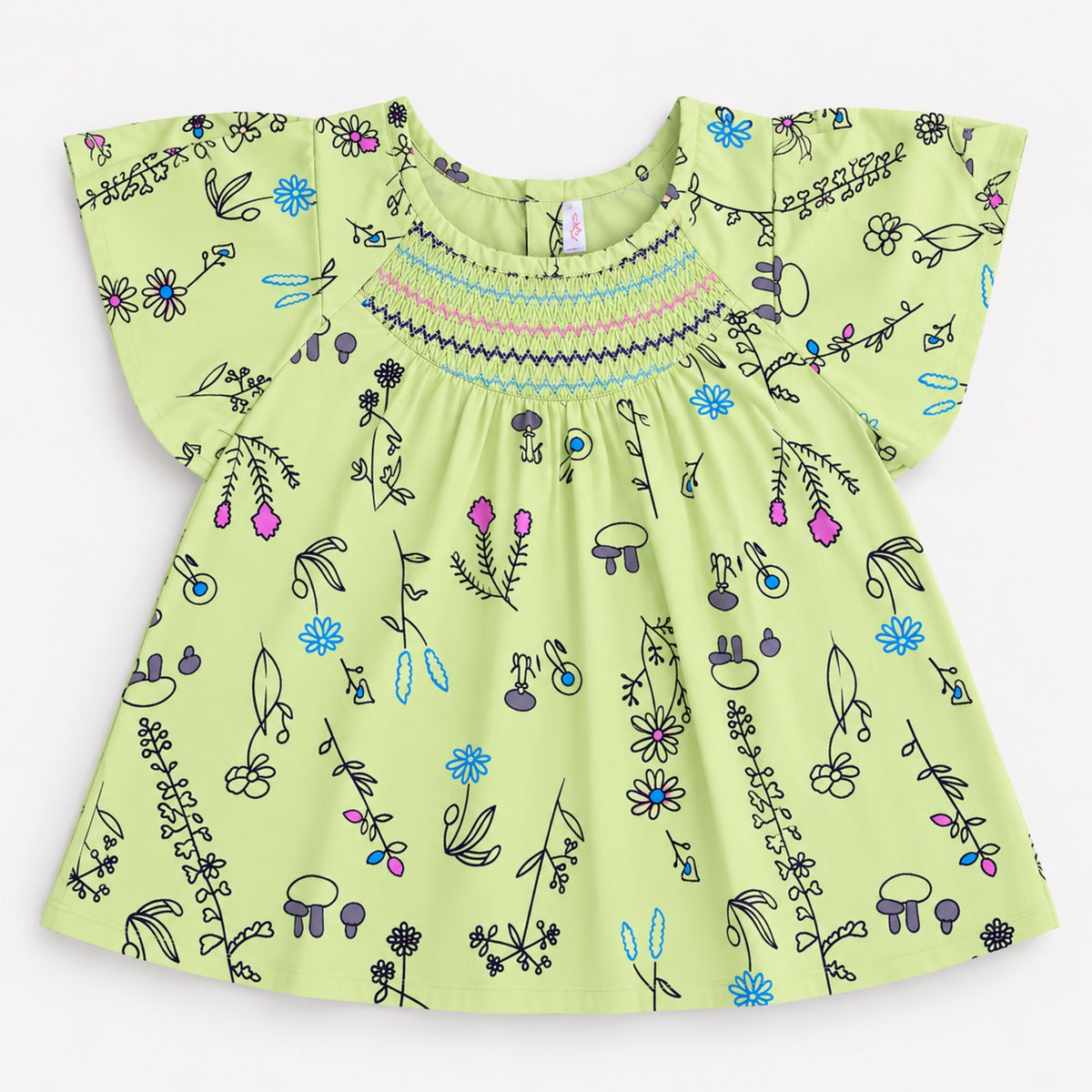 The Magic Wand Woven Cap Sleeves Botanical Printed Smocked Top- Green