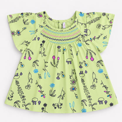The Magic Wand Woven Cap Sleeves Botanical Printed Smocked Top- Green