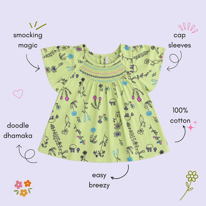 The Magic Wand Woven Cap Sleeves Botanical Printed Smocked Top- Green